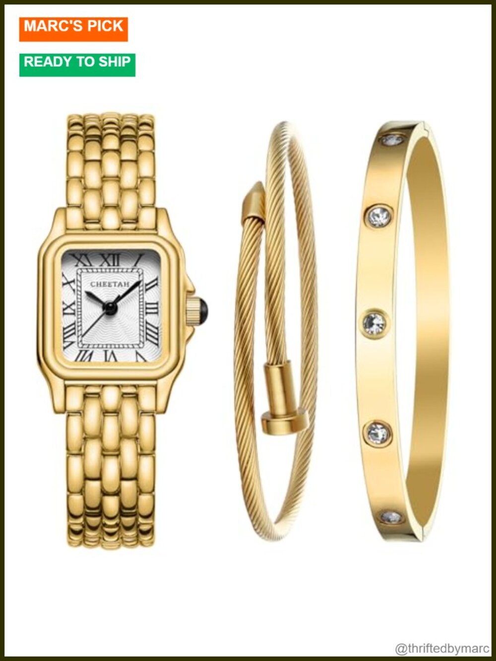 Gold Tone Bangle Watch and Bracelet Set Adjustable Water Resistant 30M Gift
